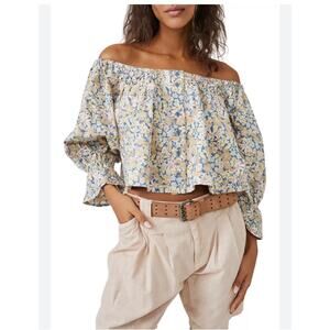 NWT Free People Floral Puff Sleeve Crop Top Size M Light Blue MSRP $128